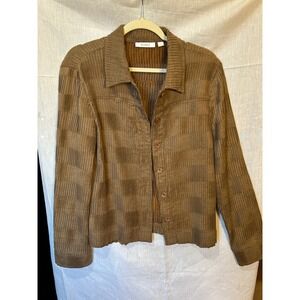 Dressbarn Women's Brown Textured Pleated Button Up Jacket Size L Rugged Chic